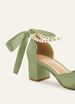 front 매칭 컬러 매트 새틴 펄 & 보우 포인트 토 블록 힐