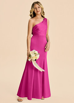 Azazie Ren Junior Fuchsia A-Line Pleated Stretch Satin Dress image3