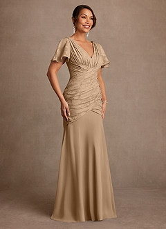 Azazie Jolene Mother of the Bride Dresses Champagne Mermaid Pleated Floral Burnout Dress image3