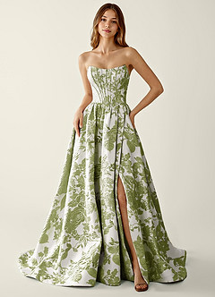 Allegra Green Floral Jacquard Wrap A-line Prom Dress image4