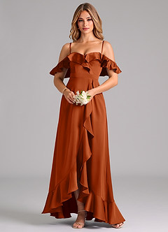 Azazie Lyra Bridesmaid Dresses Burnt Orange A-Line Off the Shoulder Stretch Satin Convertible Dress image5