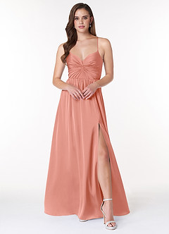 Azazie Raya Bridesmaid Dresses Coral A-Line V-Neck Pleated Stretch Satin Dress image1