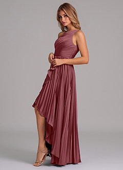 Azazie Lyrica 신부 들러리 드레스 A라인 한쪽 어깨 스트레치 새틴 비대칭 드레스 image5