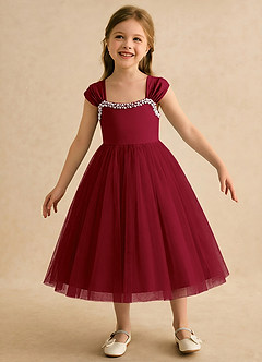 Azazie Yosemite Flower Girl Dresses Burgundy Ball-Gown Sweetheart Neckline Tulle Dress image4