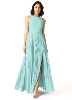 Azazie Lindie Bridesmaid Dresses Aqua A-Line Scoop Pleated Chiffon Dress image1