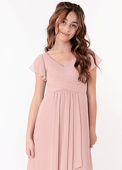 Azazie Omari Junior Powder Pink A-Line Ruched Chiffon Dress image4