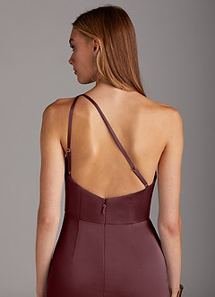 Azazie Mika Bridesmaid Dresses Sangria Sheath One Shoulder Stretch Satin Dress image5