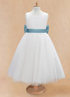 Azazie Kavi Flower Girl Dresses Ivory Moody Blue A-Line Bow Matte Satin Dress image7