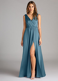 Azazie Tanicia 신부 들러리 드레스 A라인 주름진 스트레치 새틴 바닥 길이 드레스 image1