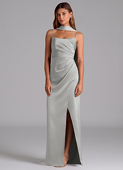 Azazie Calandra Jurken voor bruidsmeisjes Jurk van Stretch Satijn met A-Lijn Geplooid Zilver image3