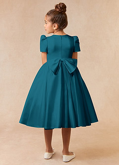 Azazie Anirra Flower Girl Dresses Ink Blue Ball-Gown Pleated Matte Satin Dress image4