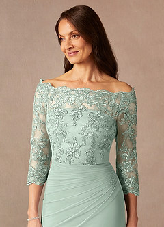 Azazie Rhonda Mother of the Bride Dresses Agave Mermaid Off the Shoulder Mesh Dress image9