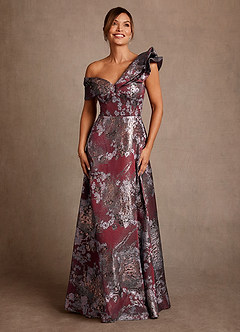 Azazie Des Moines Mère de la mariée Robes Robe Trapèze en Jacquard Floral Une épaule Merlot Floral image4