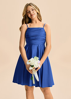 Azazie Miko Junior Royal Blue A-Line Pleated Stretch Satin Dress image6