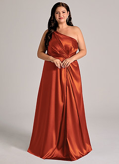 Azazie Brooke Bridesmaid Dresses Paprika A-Line One Shoulder Metallic Satin Dress image11