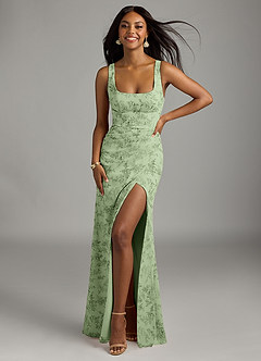 Azazie Mero Bridesmaid Dresses Green Fern Floral Sheath Pleated Chiffon Dress image1