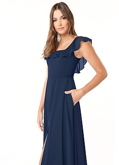 Azazie Jinny Vestidos de damas de honor Vestido de Azul Marino Oscuro de Gasa de Corte en A con Cuello Cuadrado Acanalado image5