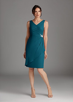 Azazie Saturn Mère de la mariée Robes Robe Fourreau en Mousseline de soie Col V plissé Bleu Encre image3