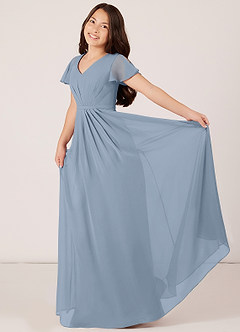 Azazie Peony Junior Dusty Blue A-Line Pleated Chiffon Dress image4