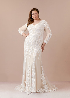 Azazie Dulce Amor Vestidos de novia Vestido de Blanco Diamante Champán de Tul de Corte Sirena con Encaje Cuello V image11