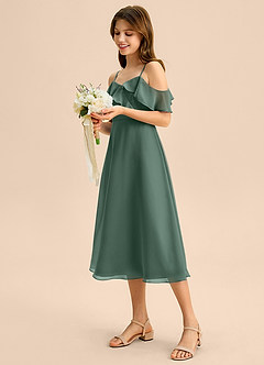 Azazie Kamilla Junior Abito A-Line in Chiffon a Spalla Scoperta Muschio Marino image3