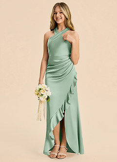 Azazie Thea Junior Agave Sheath Ruched Stretch Satin Dress image4