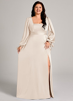 Azazie Leonia Bridesmaid Dresses White Alabaster A-Line Long Sleeve Stretch Satin Dress image11