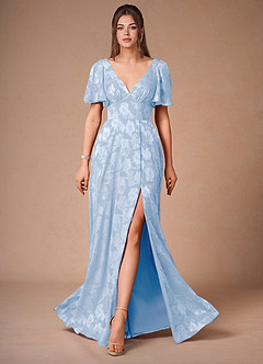 Azazie Floor-Length Maxi Dresses A-Line Wedding Guest Formal Dresses V Neck Bows Powder Blue Azazie Floor-Length Maxi Dresses A-Line Wedding Guest Formal Dresses V Neck Bows Powder Blue