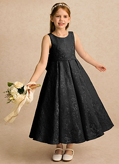 Azazie Goldie Flower Girl Dresses Black A-Line Pleated Floral Jacquard Dress image2