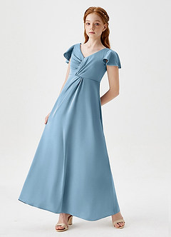 Azazie Soren Junior Steel Blue A-Line Ruched Stretch Satin Dress image5