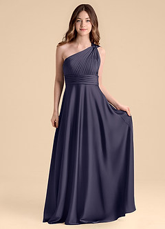 Azazie Charlize Junior Stormy A-Line Pleated Stretch Satin Dress image4