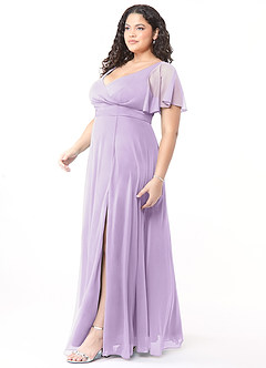 Azazie Induh Robes de demoiselle d'honneur Robe Trapèze en Maille Col en V à volants Lilas image9