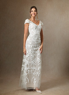 Azazie Devonna Wedding Dresses Diamond White Sheath V-Neck Sequins Lace Dress image4