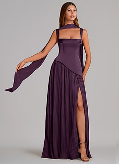 Azazie Stephanie Bridesmaid Dresses Plum A-Line Pleated Stretch Satin Dress image1