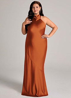 Azazie Velli Bridesmaid Dresses Cinnamon Mermaid High Neck Stretch Satin Dress image8