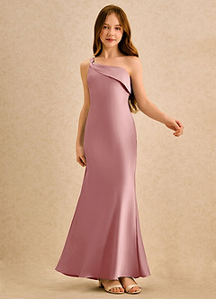 Azazie Almond Girls Formal Abiti da Ragazza di Fiori Abito Tubino in Raso Elasticizzato Monospalla Rosa Polverosa image6