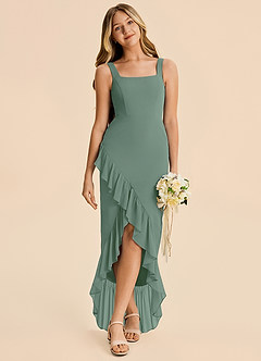 Azazie Reesie Junior Eucalyptus Sheath Ruched Chiffon Dress image5