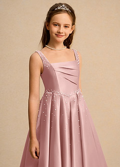 Azazie Mochi Girls Formal vestidos de niña de las flores Vestido de Oro Rosa de Satin Mate de Corte Princesa con Plisado image7