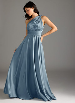 Azazie Charlize Robes de demoiselle d'honneur Robe Trapèze en Satin extensible Ue épaule Bleu Poussiéreux image13