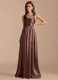 Azazie Keyla Bridesmaid Dresses Espresso A-Line Pleated Metallic Satin Dress image5