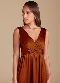 Azazie Tanicia Bridesmaid Dresses Auburn A-Line Pleated Metallic Satin Dress image2