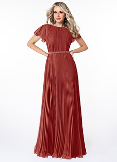 Azazie Kara Modest Bridesmaid Dresses A-Line Pleated Chiffon Floor-Length Dress image1