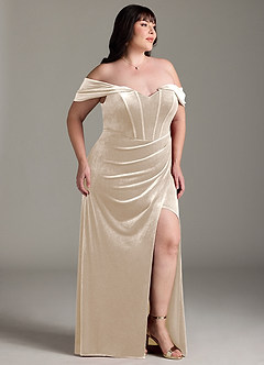 Azazie Jas Bridesmaid Dresses Champagne Sheath Off-The-Shoulder Corset Velvet Convertible Dress image12