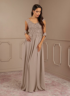 Azazie Amethyst Mother of the Bride Dresses Taupe A-Line V-Neck Sequins Chiffon Dress image1