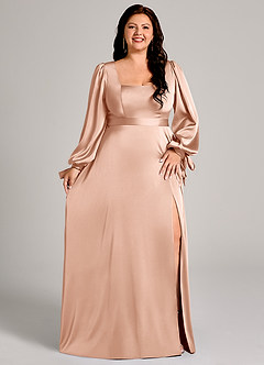 Azazie Leonia 신부 들러리 드레스 A라인 긴팔 스트레치 새틴 바닥 길이 드레스 image11