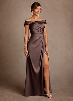 Azazie Bedford Mother of the Bride Dresses Ganache Sheath Pleated Stretch Satin Dress image4