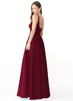 Azazie Neve Vestidos de damas de honor Vestido de Borgoña de Satén Elástico de Corte Princesa con Con bolsillos image4