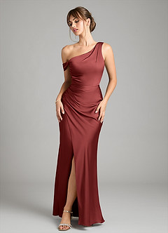 Azazie Madelyn Robes de demoiselle d'honneur Robe Sirène Convertible en Satin extensible Asymétrique Terracotta image1