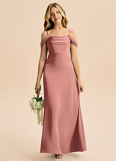 Azazie Lettie Junior A-linja Olkapään ulkopuolella Joustava satiini Lattian pituus Nuorempi morsiusneito Pukeutua image2