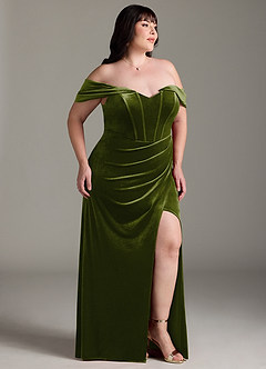 Azazie Jas Robes de demoiselle d'honneur Robe Fourreau Convertible en velours Schulterfreies Korsett Olive image12